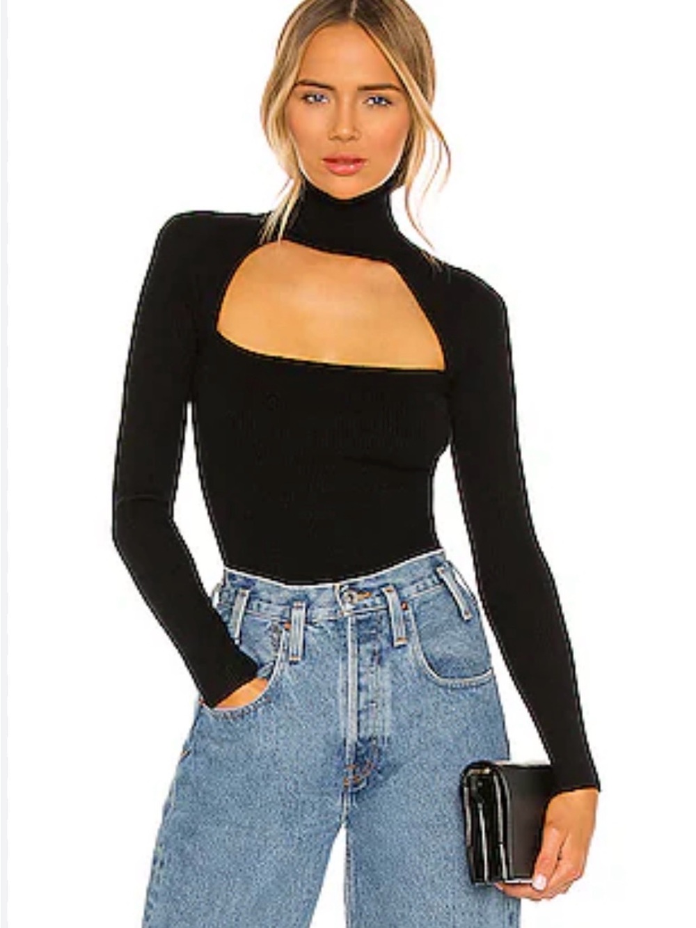 Zara Black Ribbed Long-Sleeve Top with Front Cutout